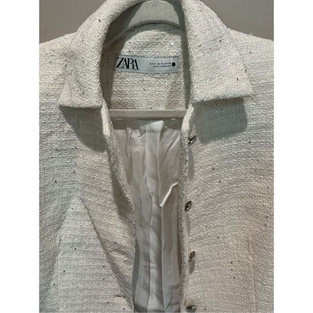 Zara Women's Cream Textured Cotton Fitted Jacket w/Silver Sequin Appliqués - Picture 4 of 7
